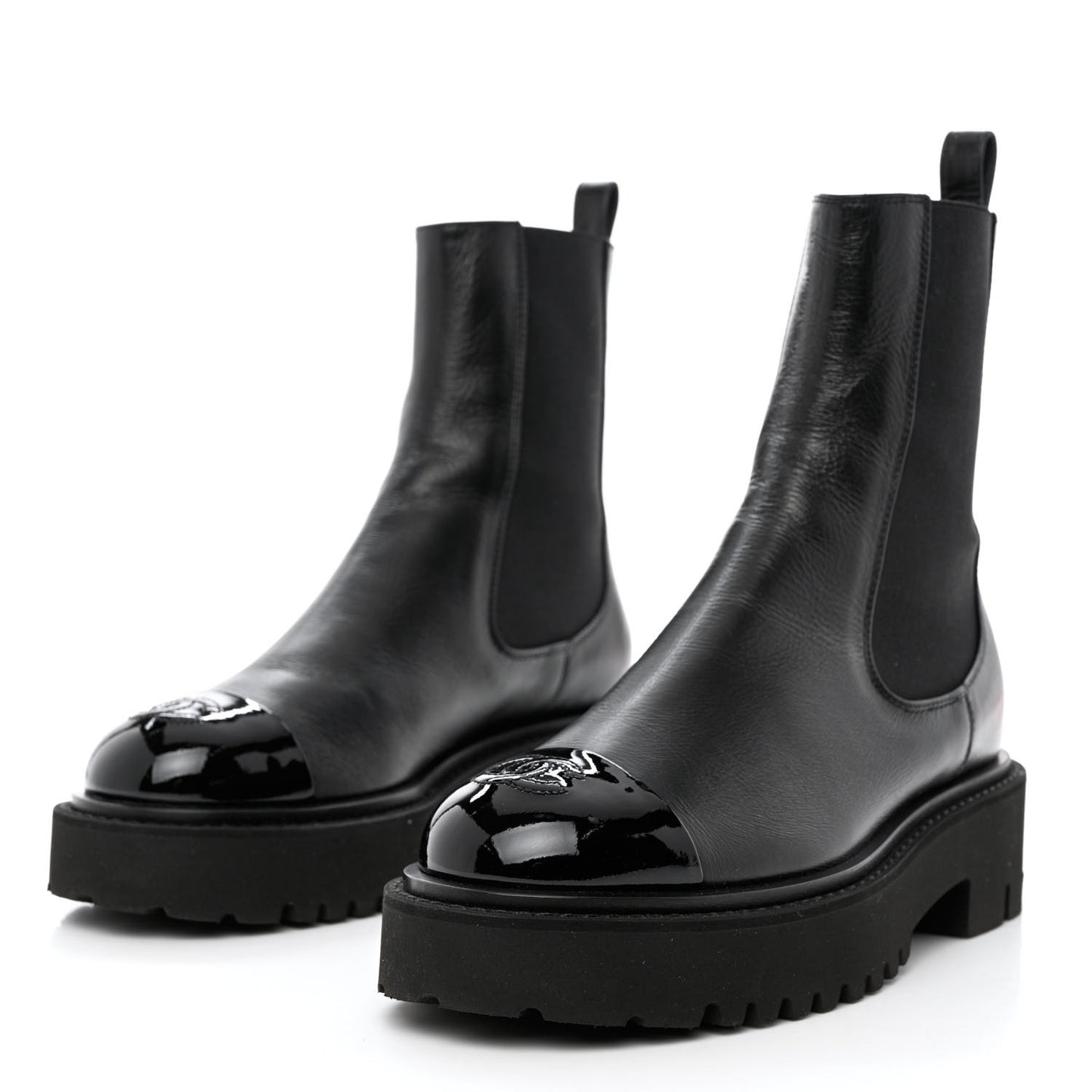 Crumpled Calfskin Patent Cap Toe Short Boots 37 Black