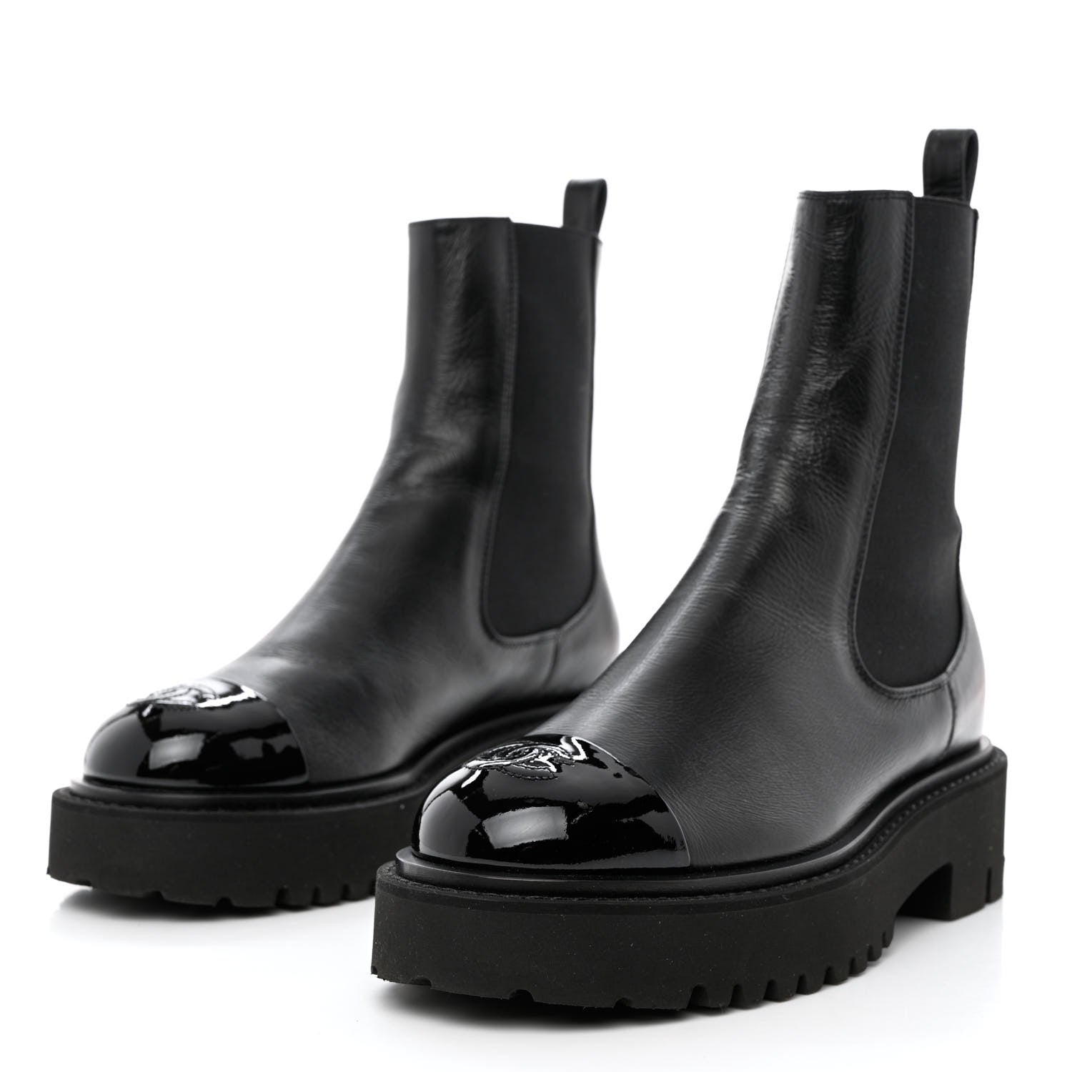 Chanel Crumpled Calfskin Patent Cap Toe Short Boots 37 Black 3 of 9
