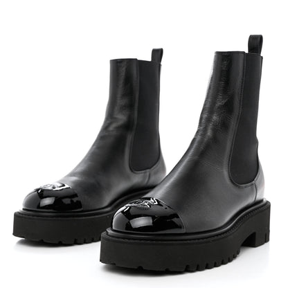 Chanel Crumpled Calfskin Patent Cap Toe Short Boots 37 Black 3 of 9