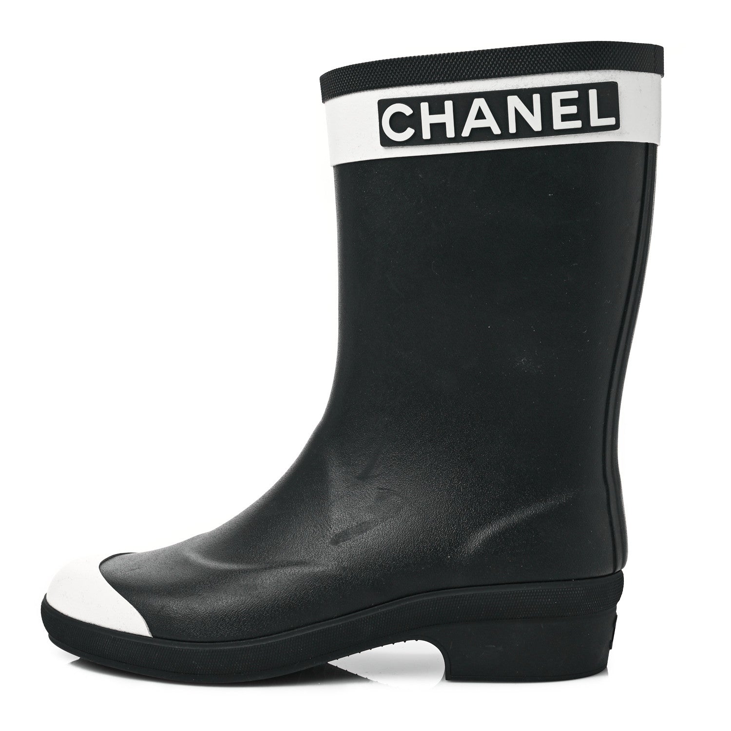 Chanel Rubber Logo Short Rain Boots 35 Black White 1 of 9
