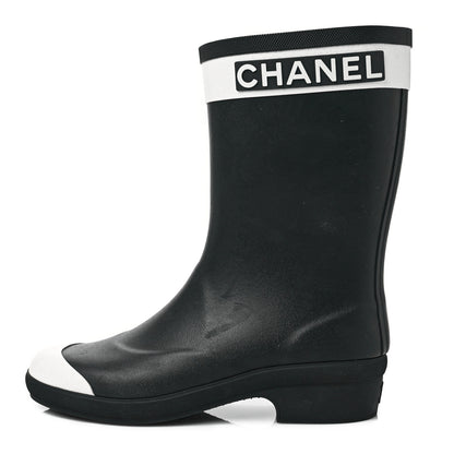 Chanel Rubber Logo Short Rain Boots 35 Black White 1 of 9