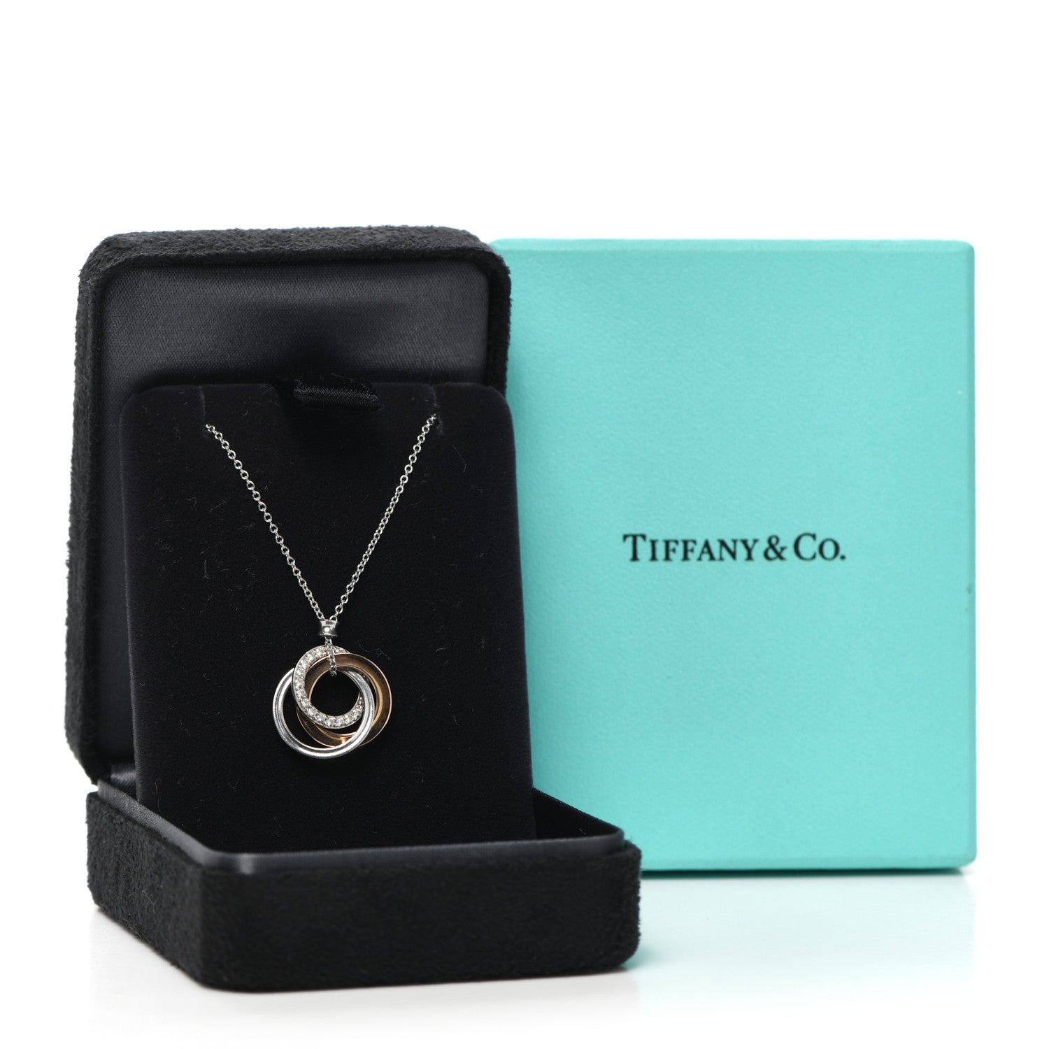 Tiffany 18K White Rose Gold Diamond 1837 Triple Interlocking Circles Pendant Necklace 5 of 5