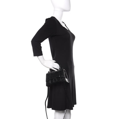 Balenciaga Shiny Calfskin Monochrome Crocodile Embossed Hourglass Top Handle Bag XS Black 3 of 9