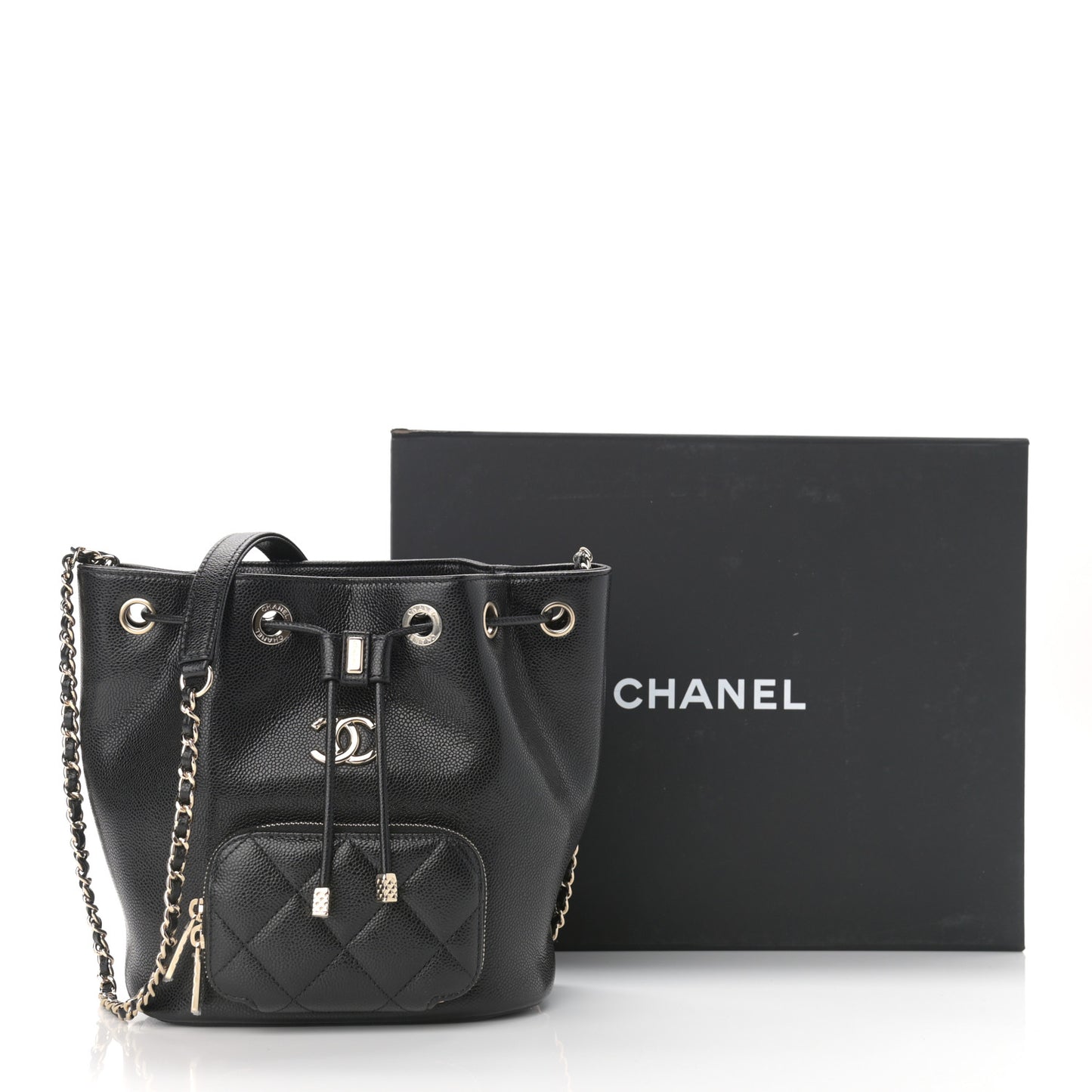 Caviar Quilted CC Pocket Bucket Bag Black