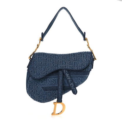 Christian Dior Oblique Embroidered Saddle Bag Denim Blue 1 of 10