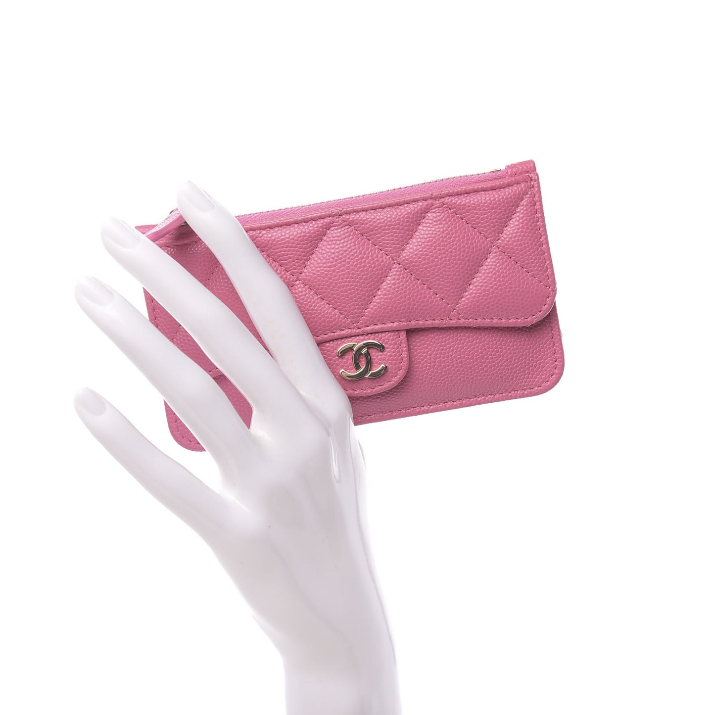 Caviar Quilted Flap Zip Card Holder Pink