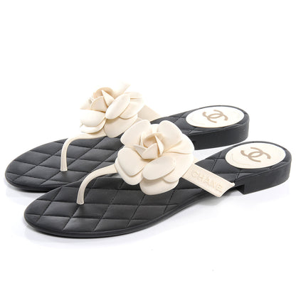 Chanel Jelly Quilted Camellia Thong Sandals 40 Black White 3 of 6