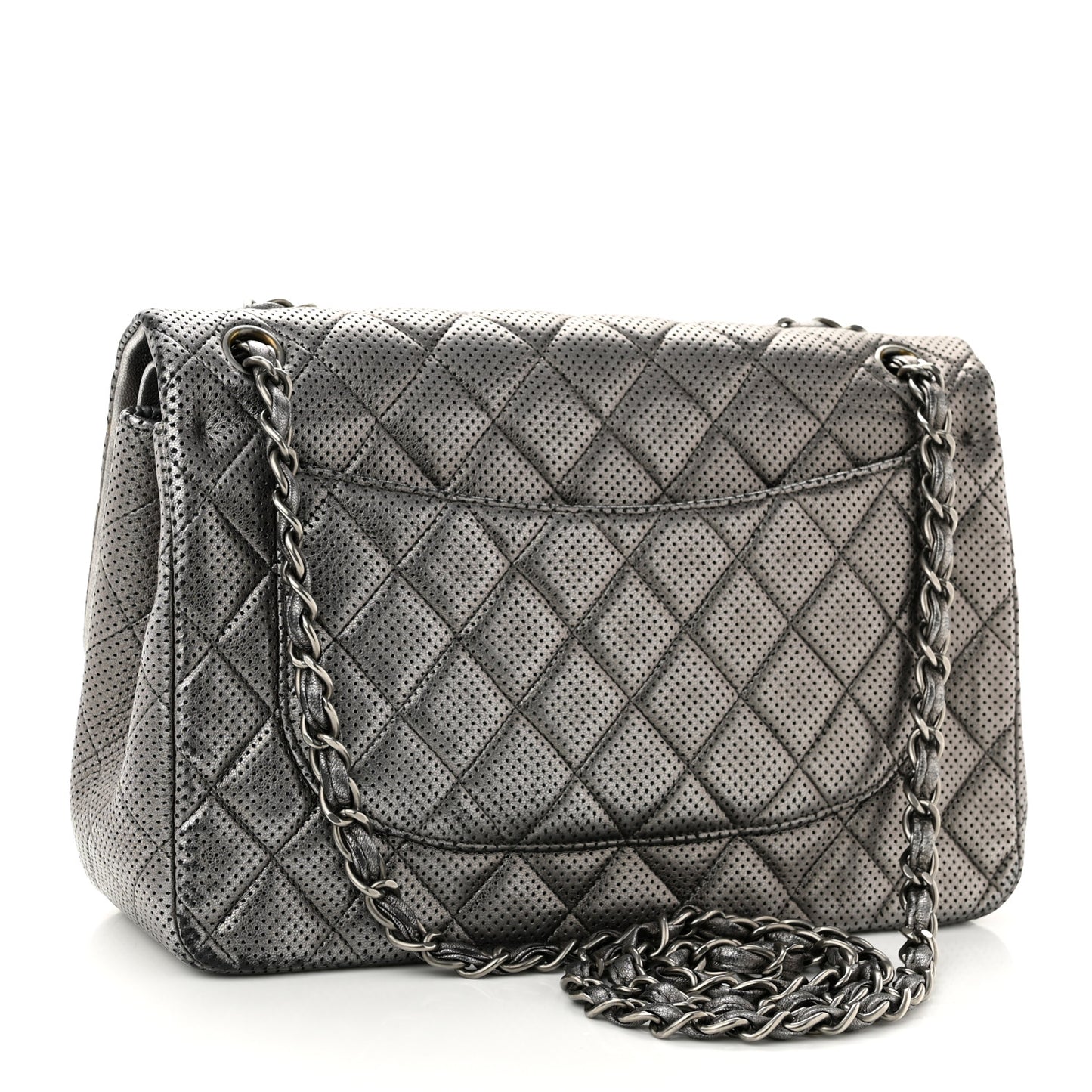 Metallic Perforated Lambskin Quilted Jumbo Double Flap Dark Silver