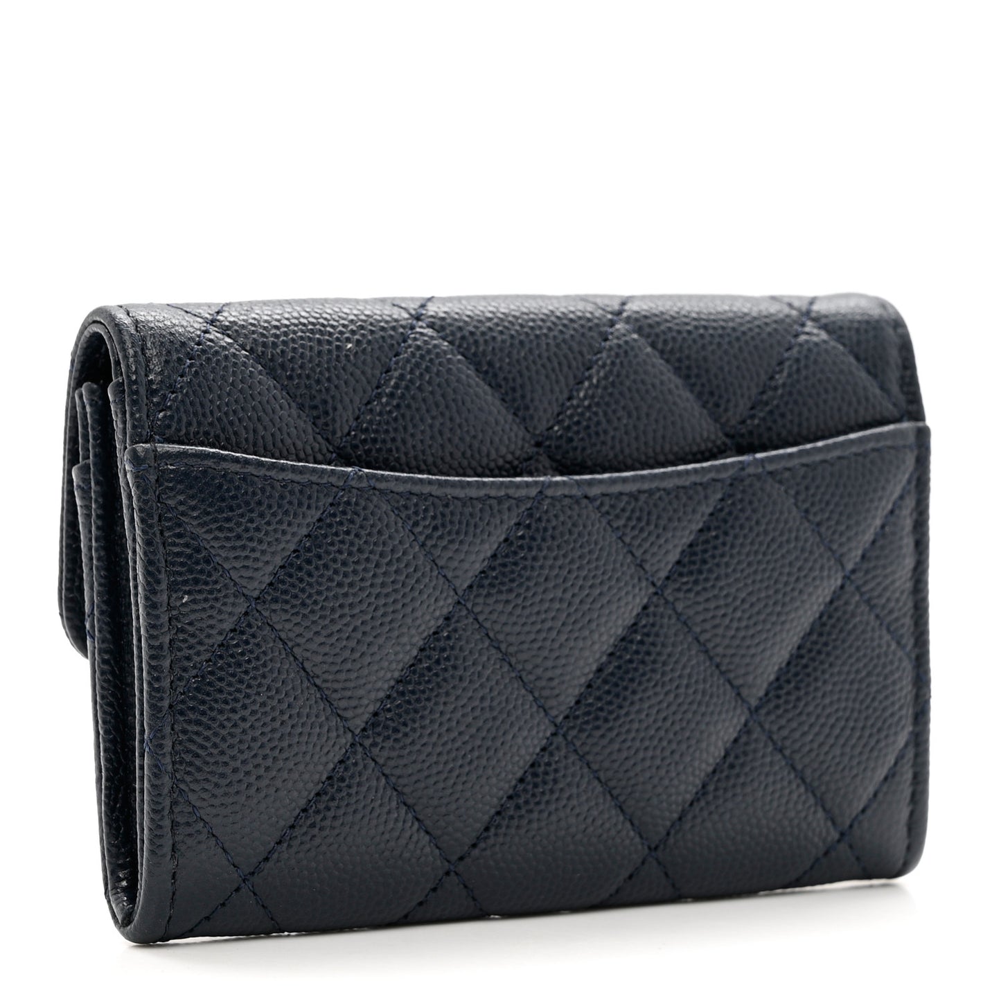 Caviar Quilted Flap Card Holder Wallet Navy Blue