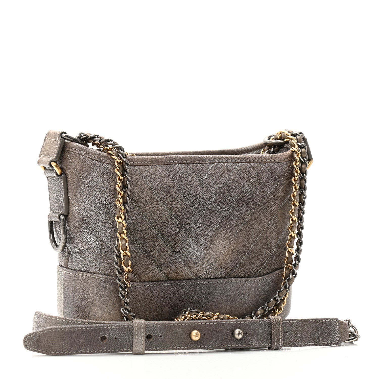 Chanel Metallic Caviar Chevron Quilted Small Gabrielle Hobo Light Silver Gold 5 of 17