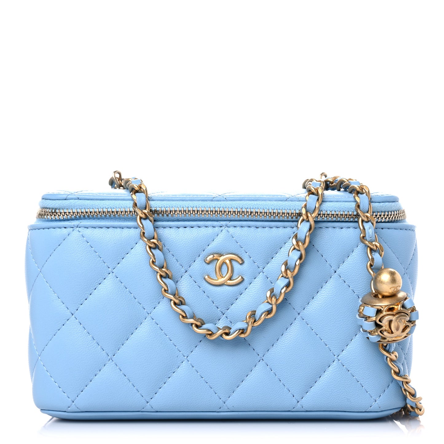Lambskin Quilted Pearl Crush Small Vanity Case With Chain Light Blue