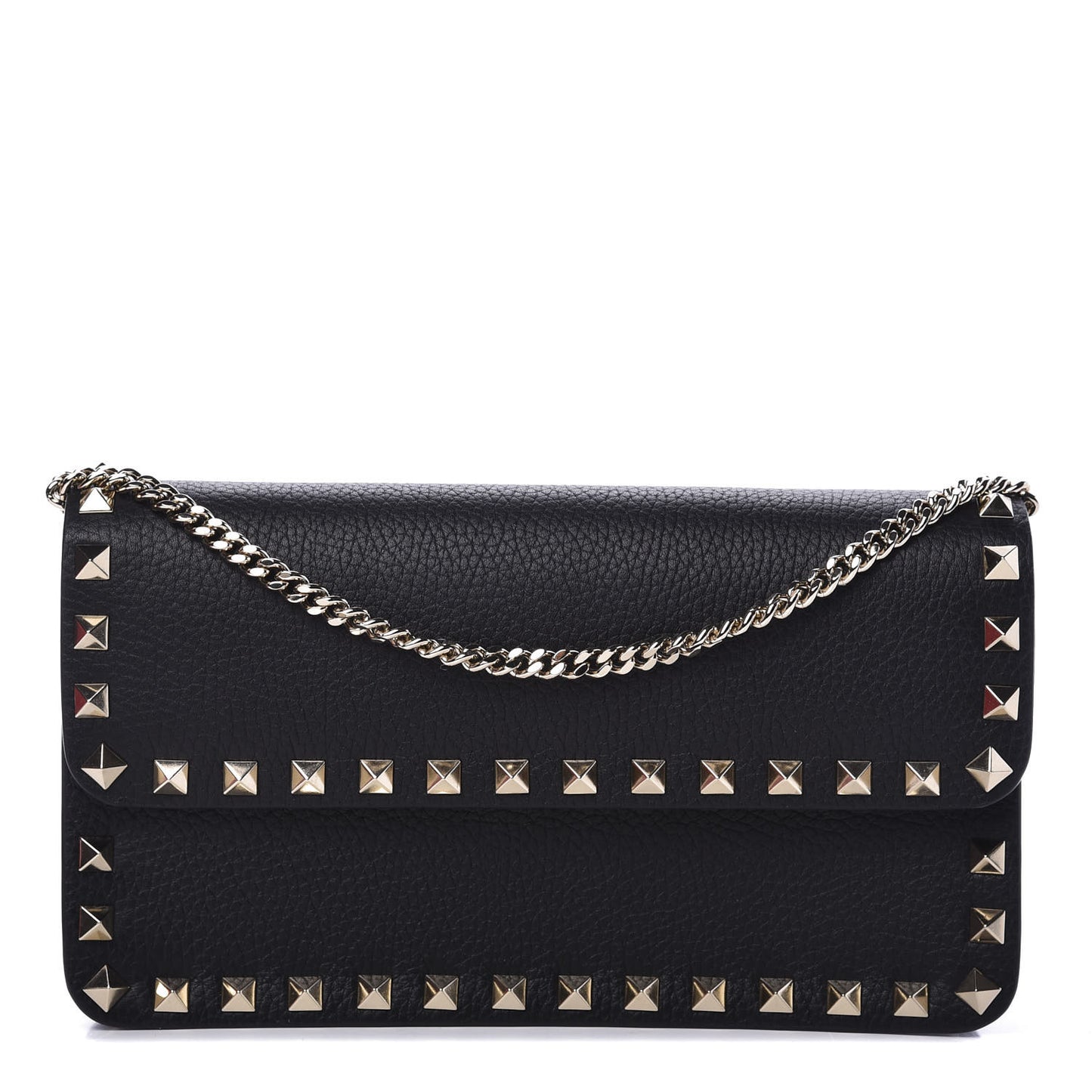 Pebbled Calfskin Rockstud Flap Wallet On Chain Black