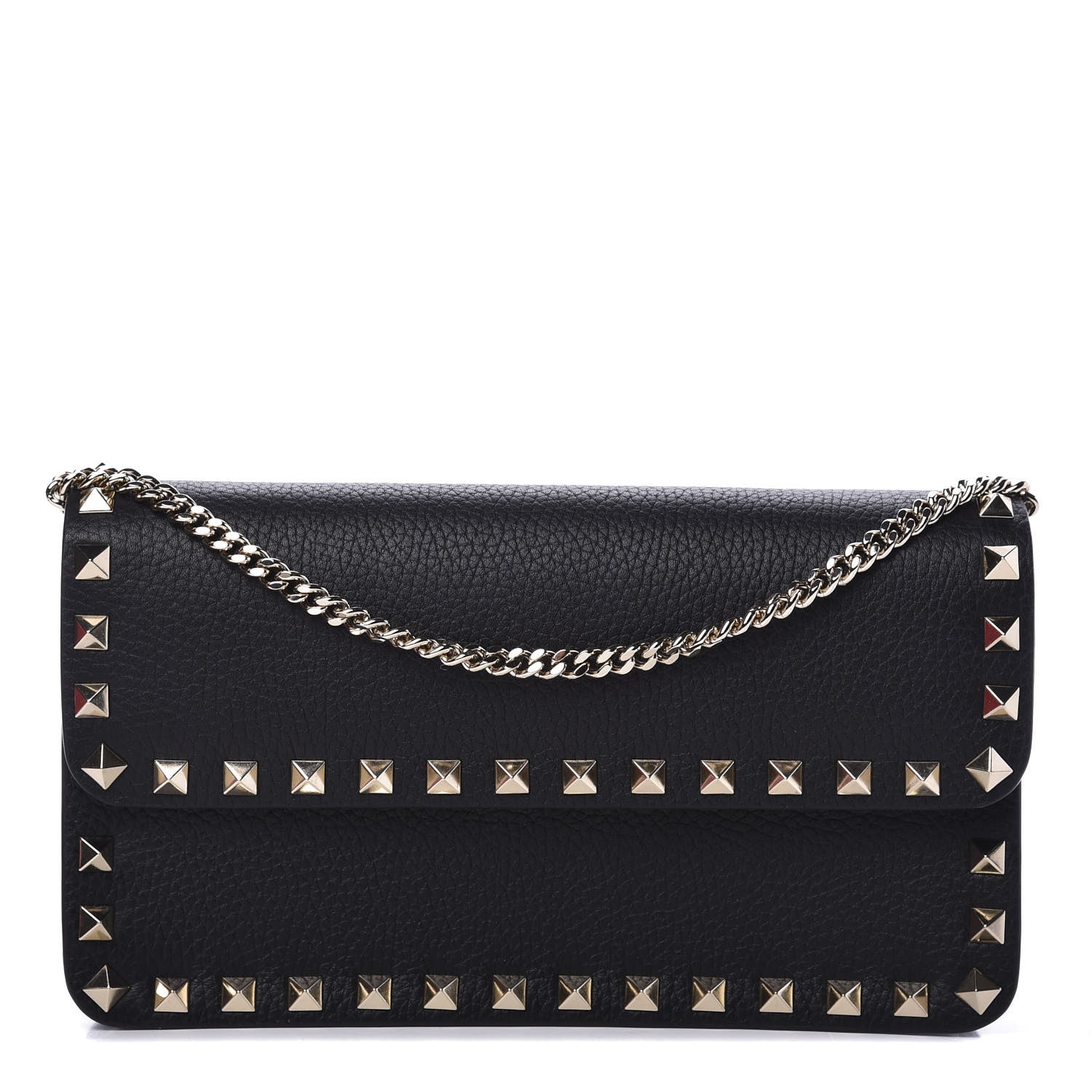 Valentino Garavani Pebbled Calfskin Rockstud Flap Wallet On Chain Black 1 of 11