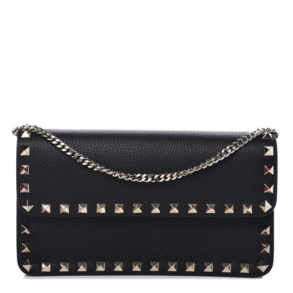 Valentino Garavani Pebbled Calfskin Rockstud Flap Wallet On Chain Black 1 of 11