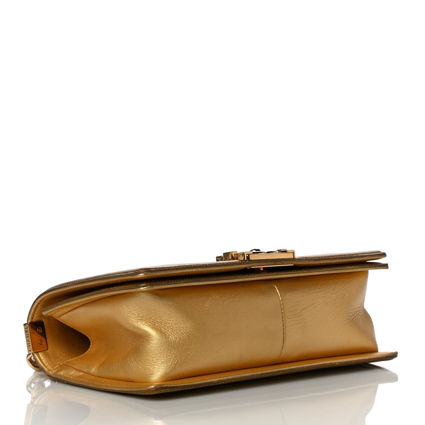 Metallic Patent Calfskin Quilted Medium Boy Flap Gold