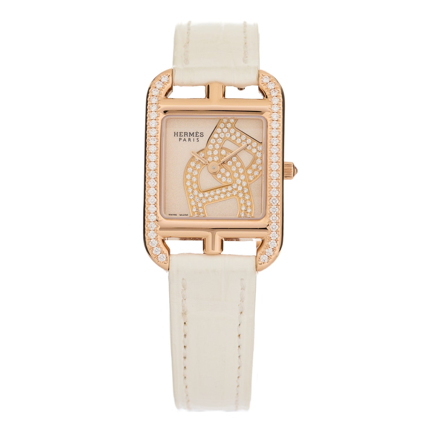 Hermes 18K Rose Gold Alligator Diamond Bezel 23mm Cape Cod Chaine d'Ancre Joaillier Quartz Watch Blanc 1 of 5