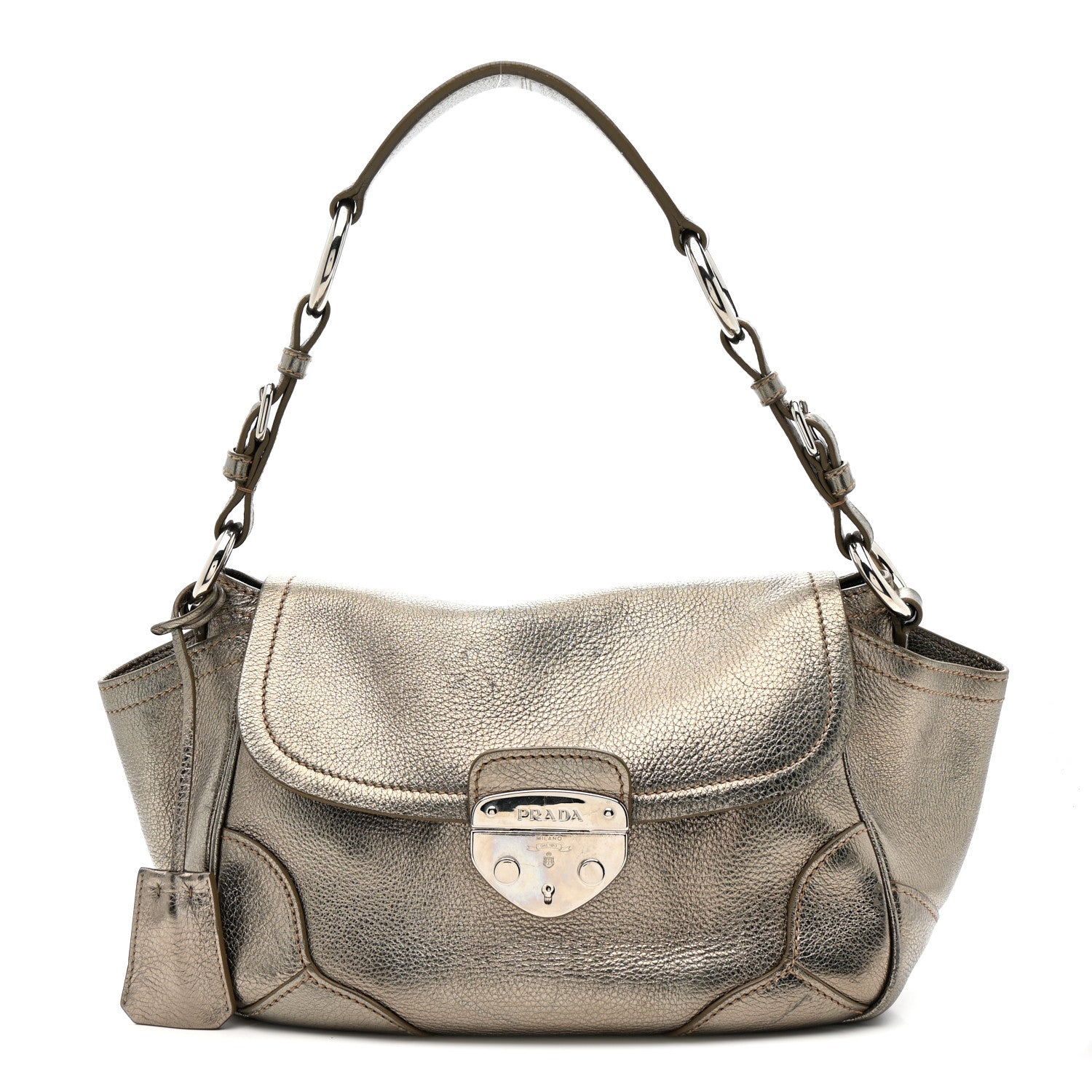 Prada Metallic Vitello Daino Pushlock Shoulder Bag Peltro 1 of 21