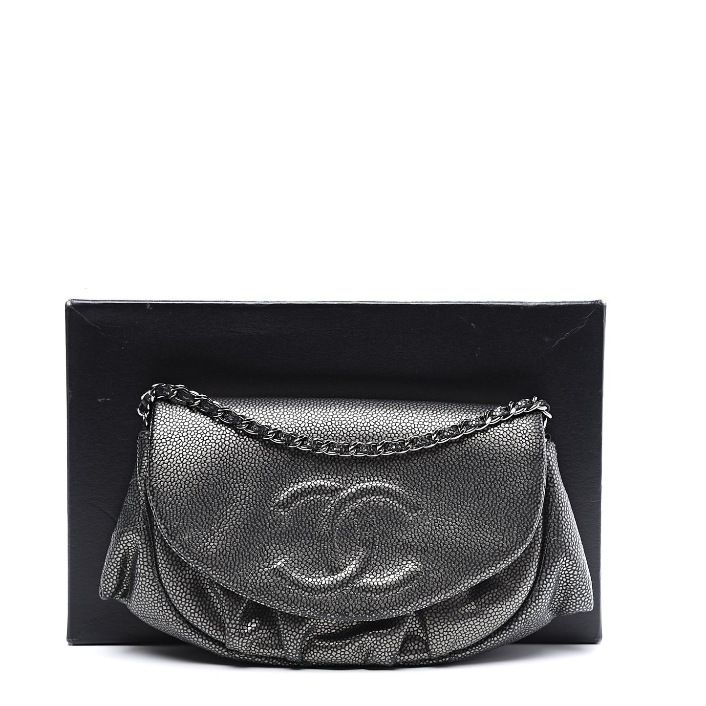 Metallic Caviar Half Moon Wallet On Chain WOC Dark Silver