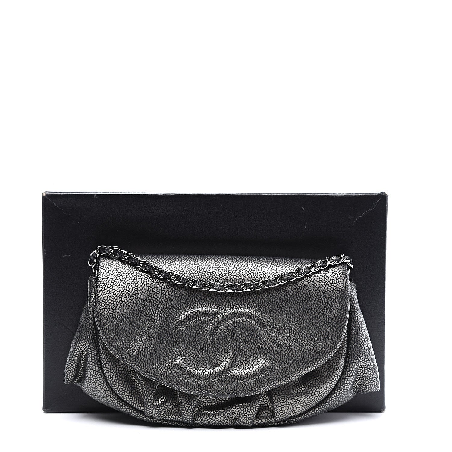 Chanel Metallic Caviar Half Moon Wallet On Chain WOC Dark Silver 13 of 13