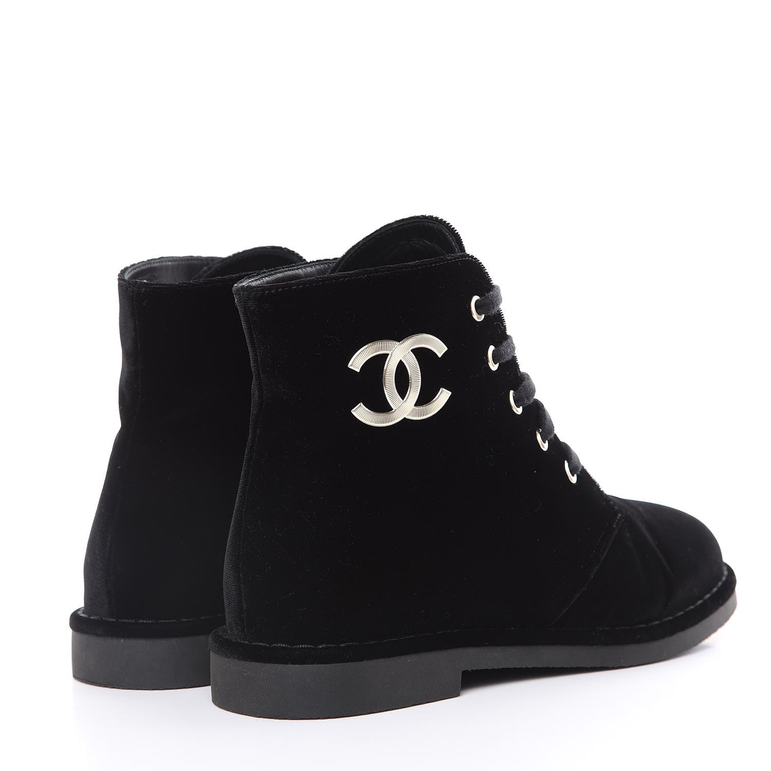 Chanel Velvet CC Lace Up Boots 36.5 Black 4 of 8
