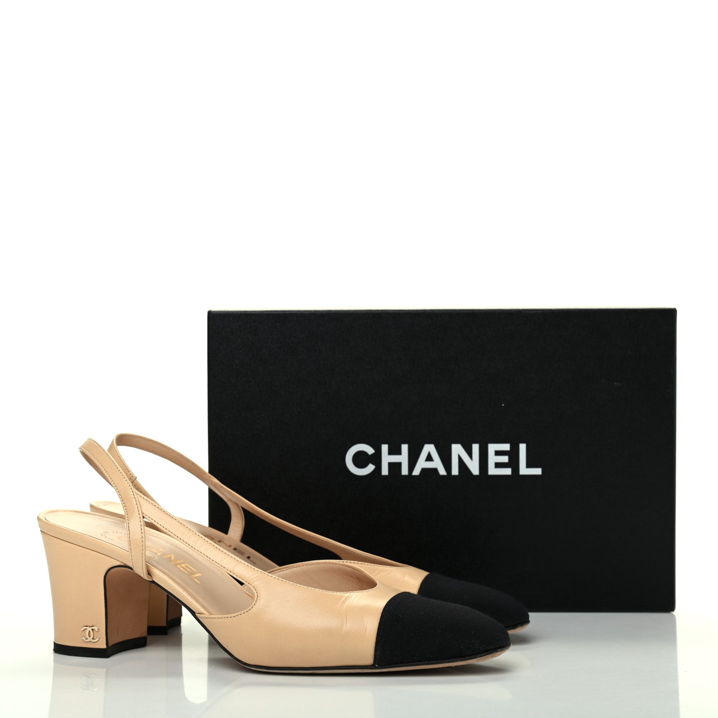 Goatskin Grosgrain Cap Toe CC Slingback Pumps 39 Beige Black