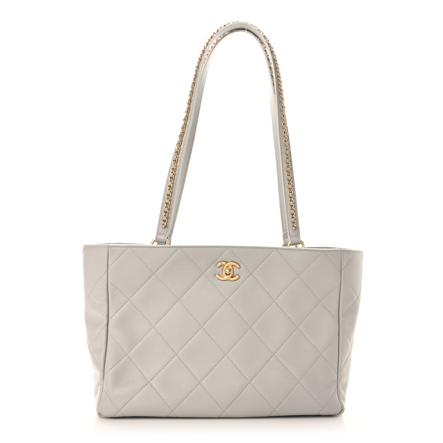 Calfskin Quilted Book Pocket Shopping Tote Grey