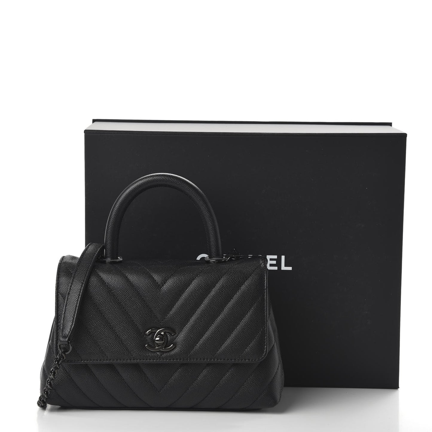 Caviar Chevron Quilted Mini Coco Handle Flap So Black