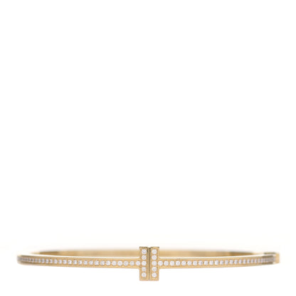 Tiffany 18K Yellow Gold Diamond T Hinged Wire Bangle Bracelet 1 of 4