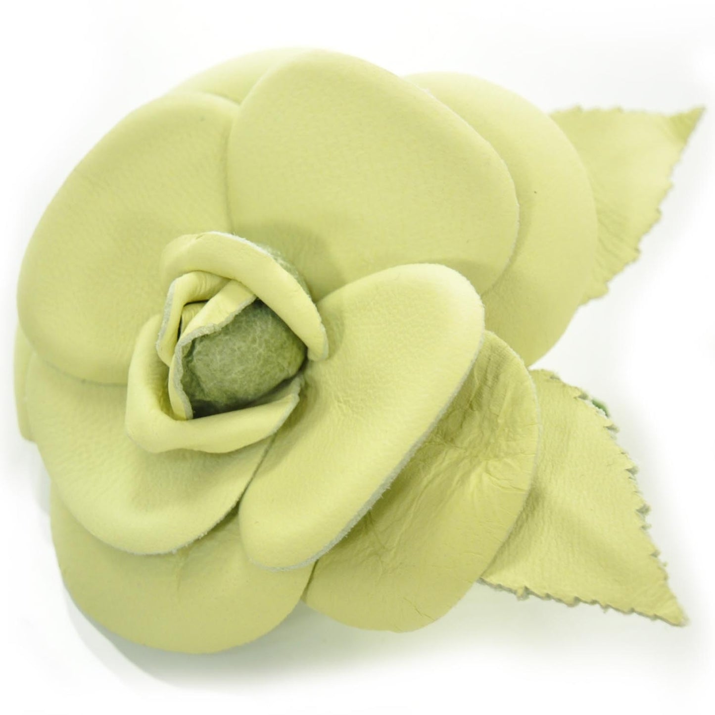Leather Camellia Pin Brooch Green