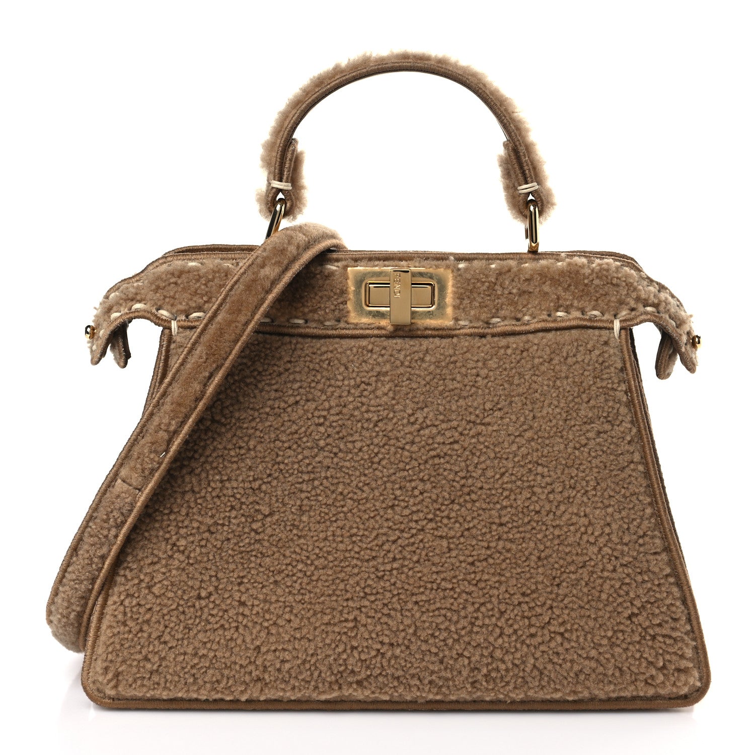 Fendi Curly Shearling Shiny Nappa Small Peekaboo I SEE U Satchel Camel 1 of 8