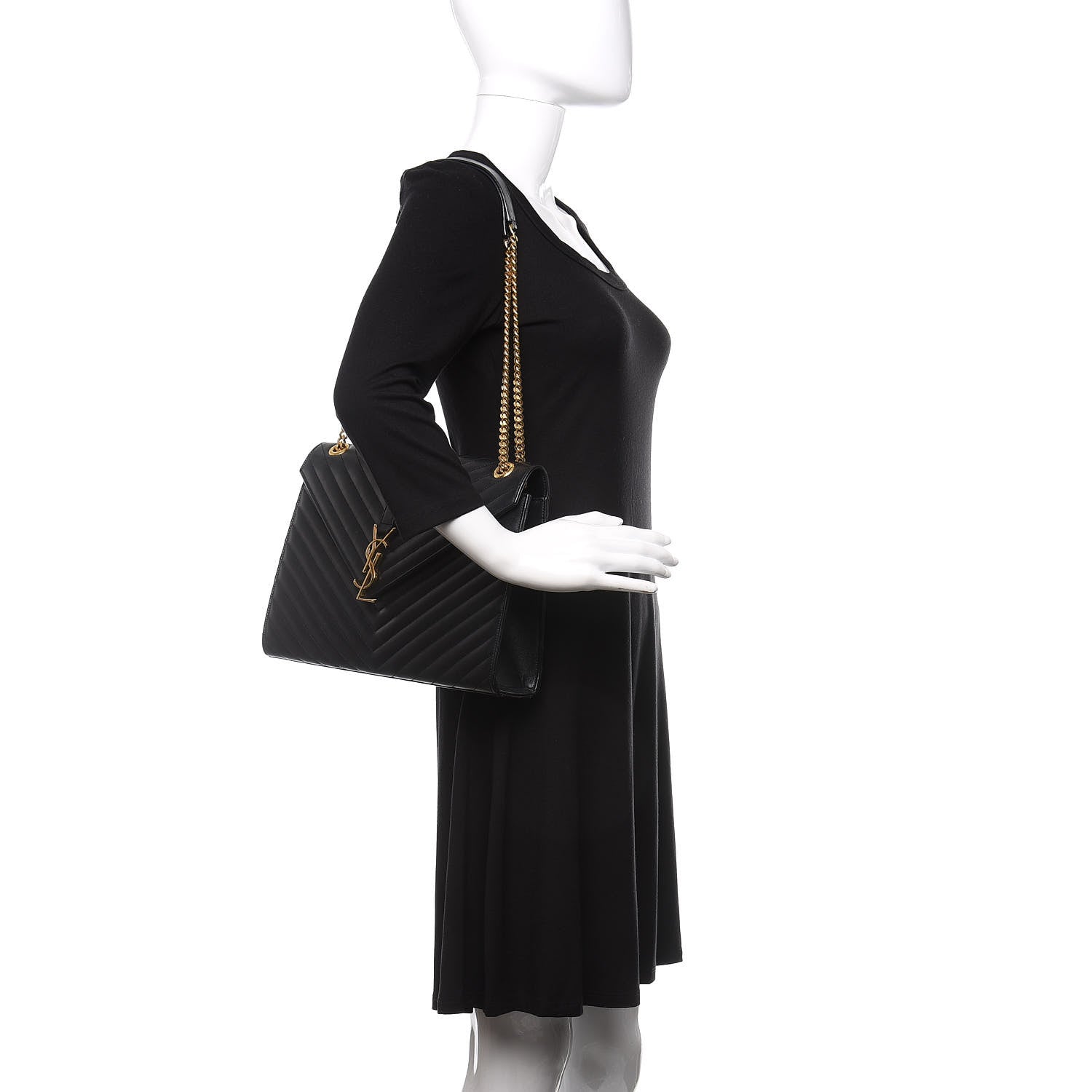 Saint Laurent Smooth Calfskin Matelasse Chevron Large Monogram Satchel Black 2 of 10