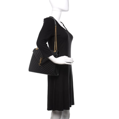 Saint Laurent Smooth Calfskin Matelasse Chevron Large Monogram Satchel Black 2 of 10