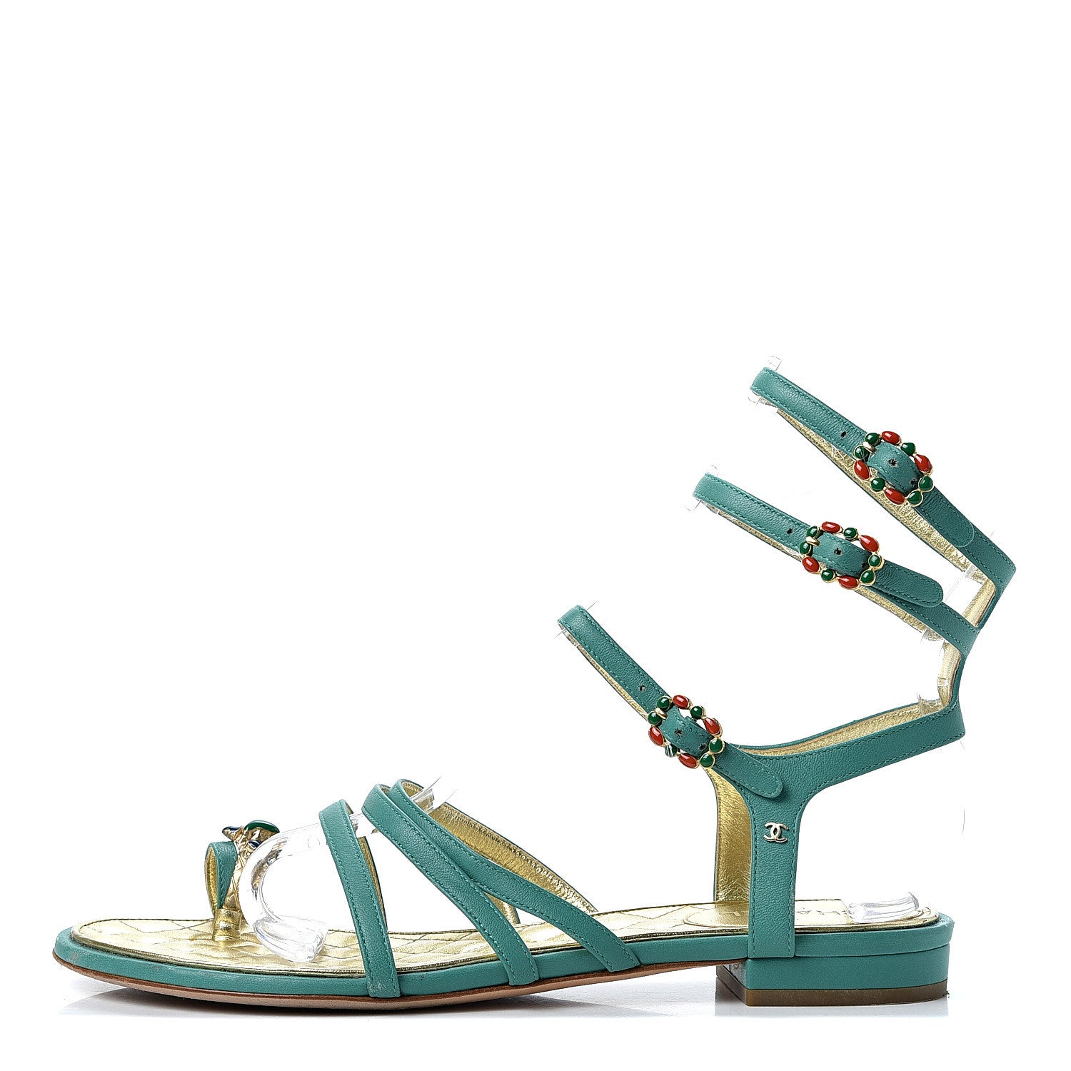Chanel Lambskin Gripoix Flat Sandals 38 Green 1 of 8