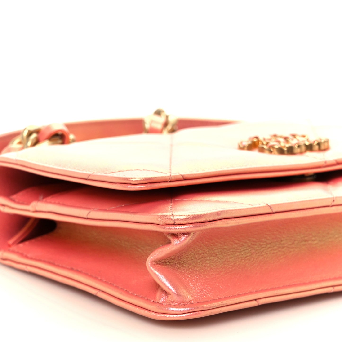Iridescent Calfskin Quilted Chanel 19 Wallet On Chain WOC Pink