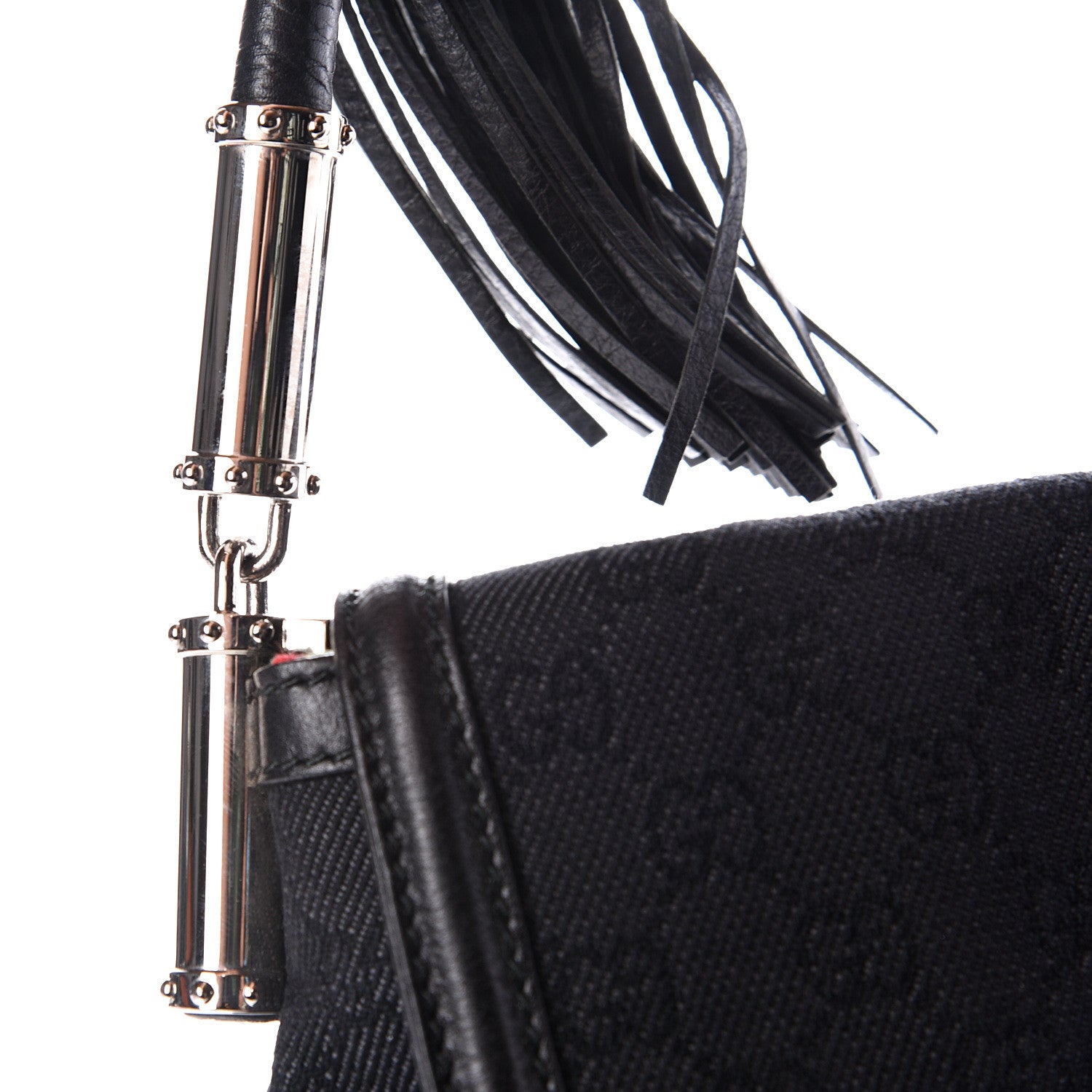 Gucci Denim Monogram Britt Tassel Shoulder Bag Black 11 of 13