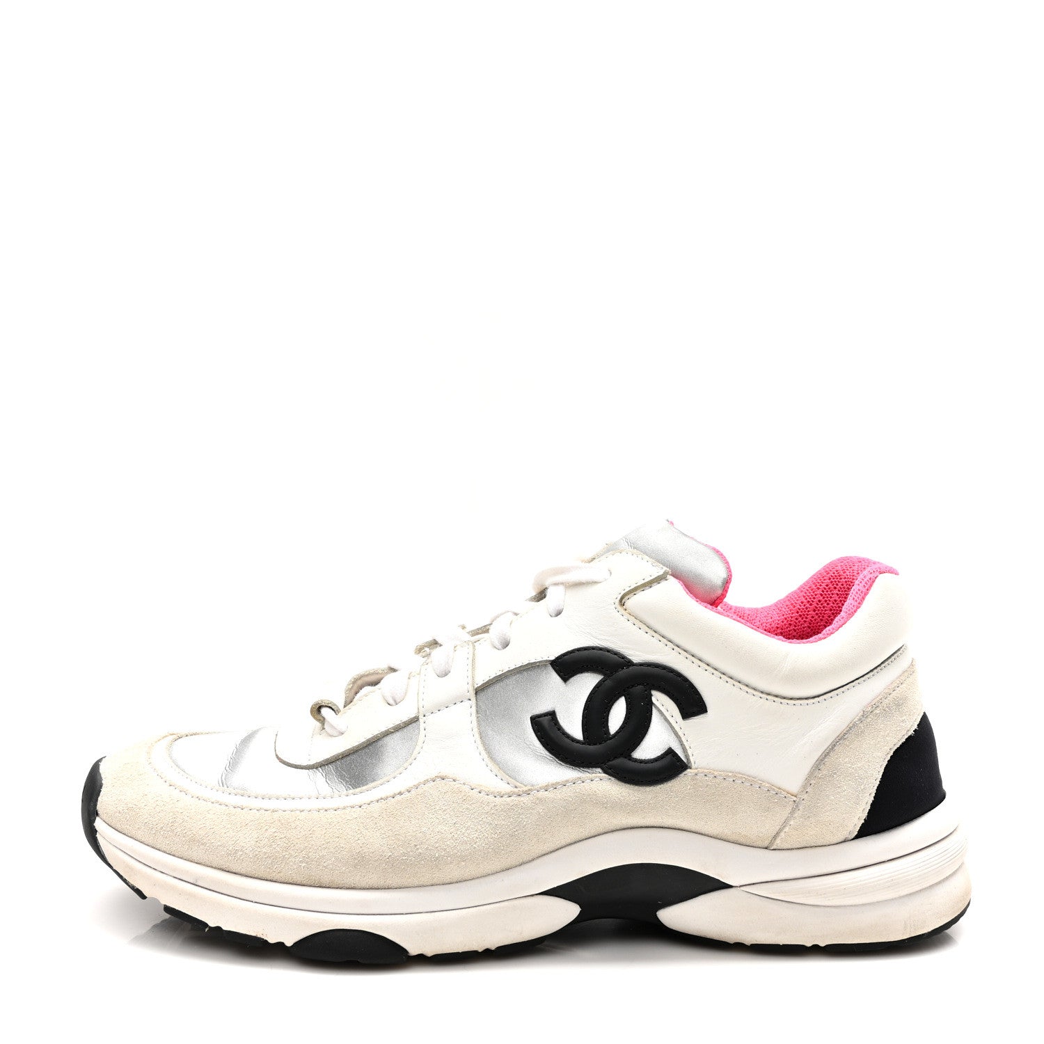 Chanel Calfskin Fabric Sneakers 40.5 White Silver Fluo Pink 1 of 7