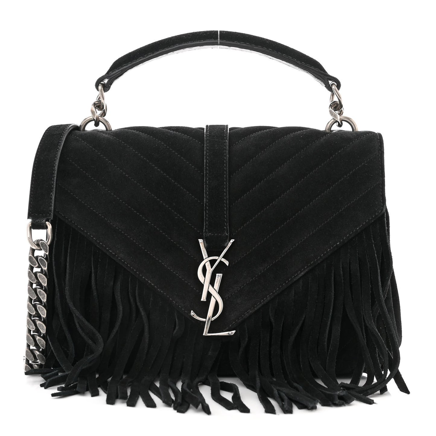 Suede Matelasse Chevron Fringe Monogram Medium College Bag Black