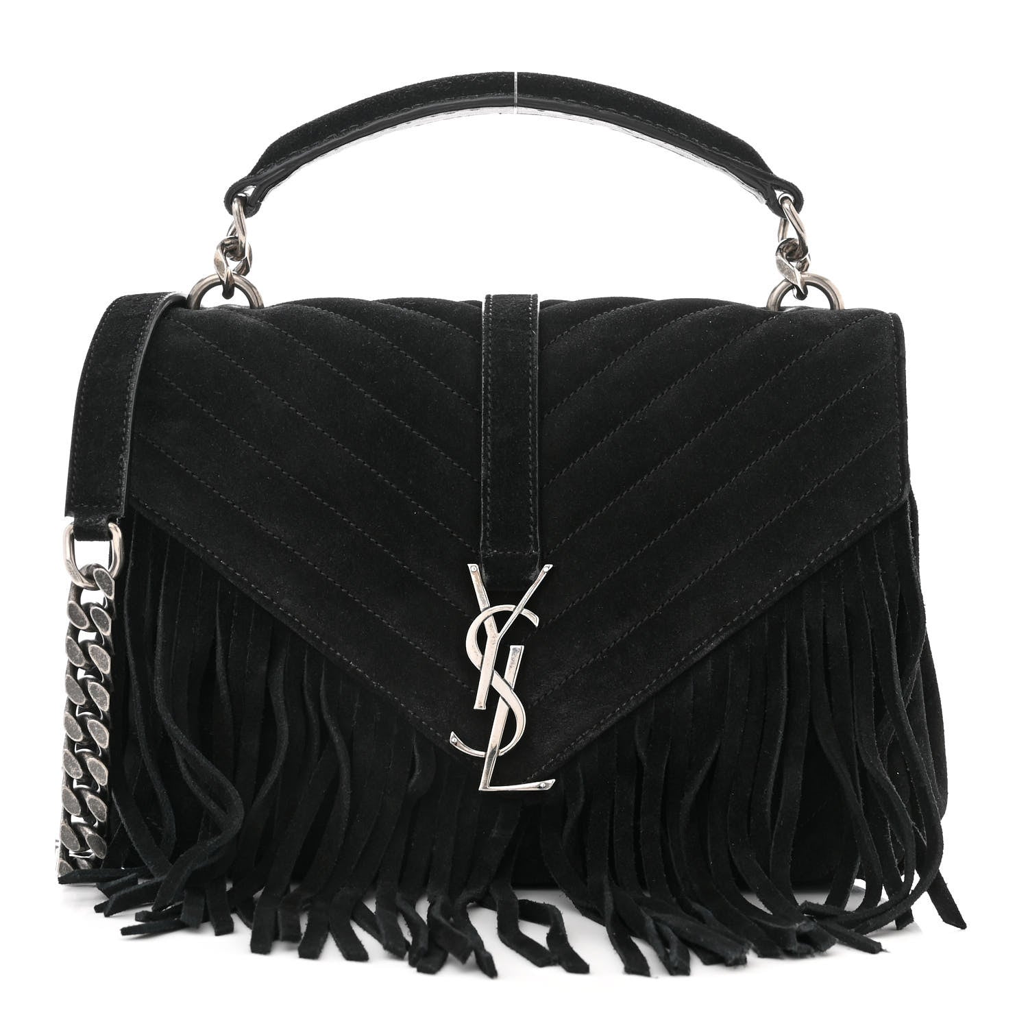Saint Laurent Suede Matelasse Chevron Fringe Monogram Medium College Bag Black 1 of 11