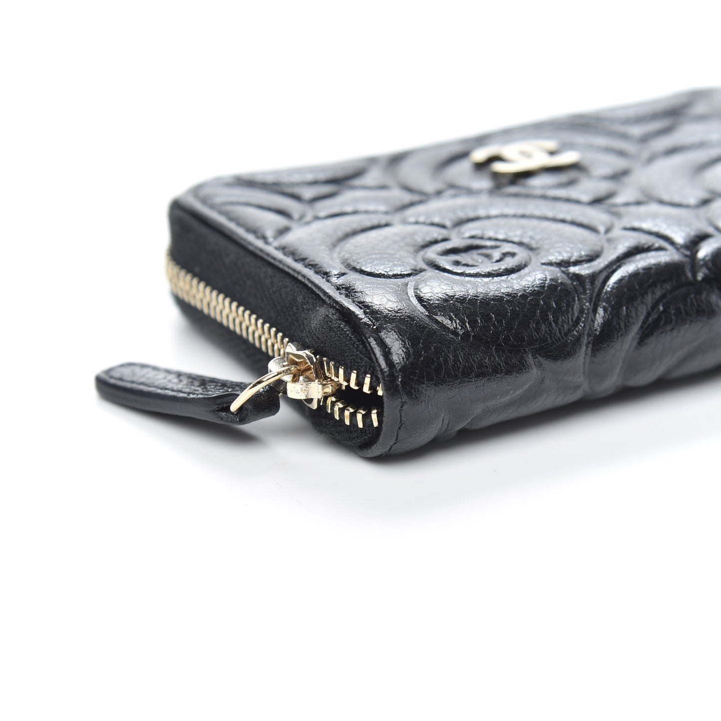 Caviar Camellia Embossed Zip Coin Purse Black