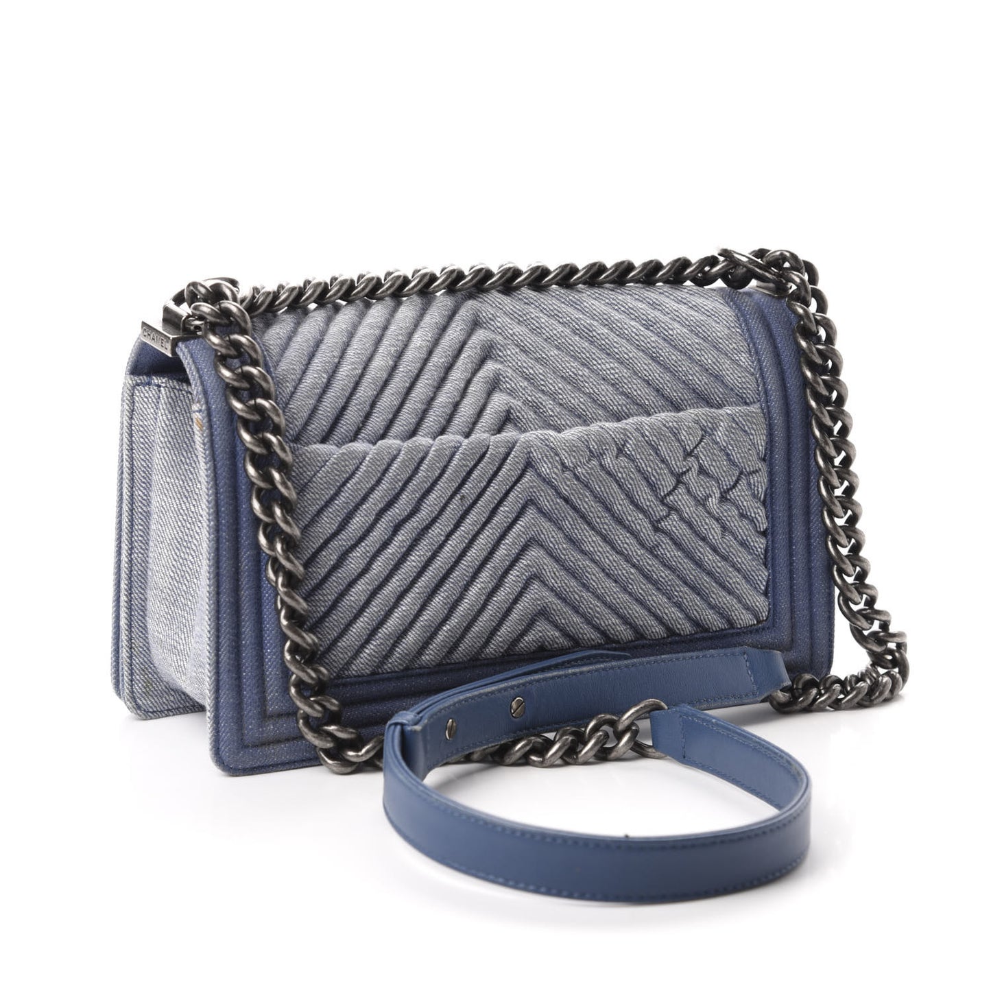 Denim Chevron Quilted Medium Boy Flap Blue