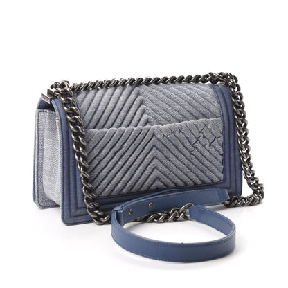 Chanel Denim Chevron Quilted Medium Boy Flap Blue 3 of 15