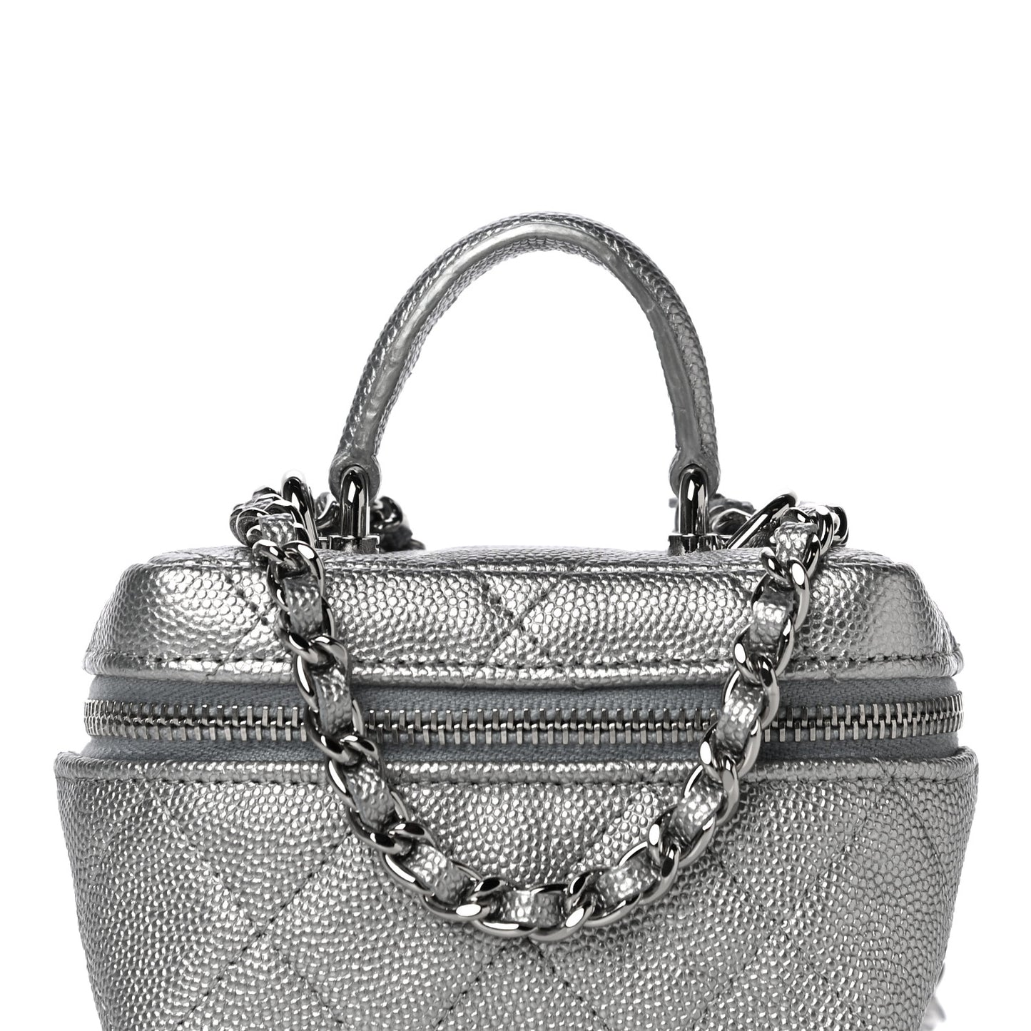 Metallic Caviar Quilted Mini Top Handle Vanity With Chain Silver