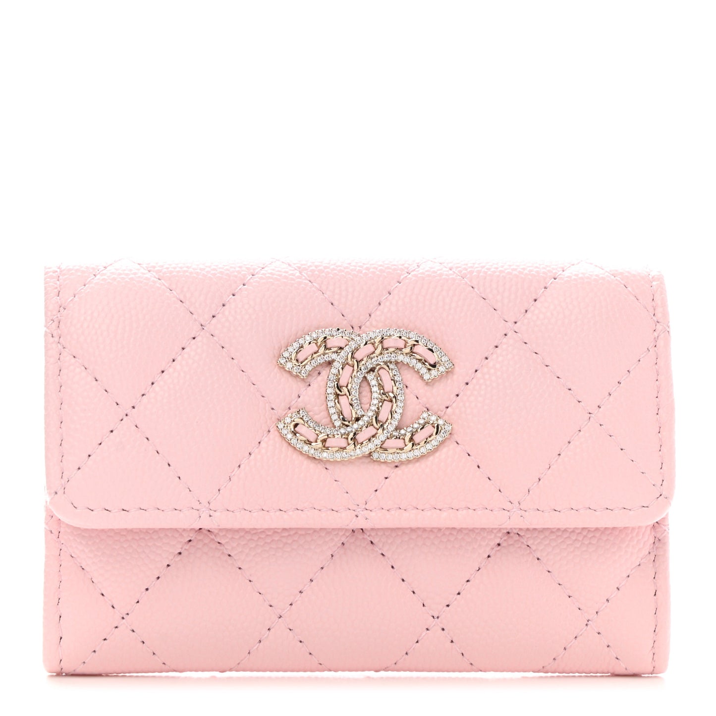 Caviar Quilted Crystal CC Flap Card Holder Pink