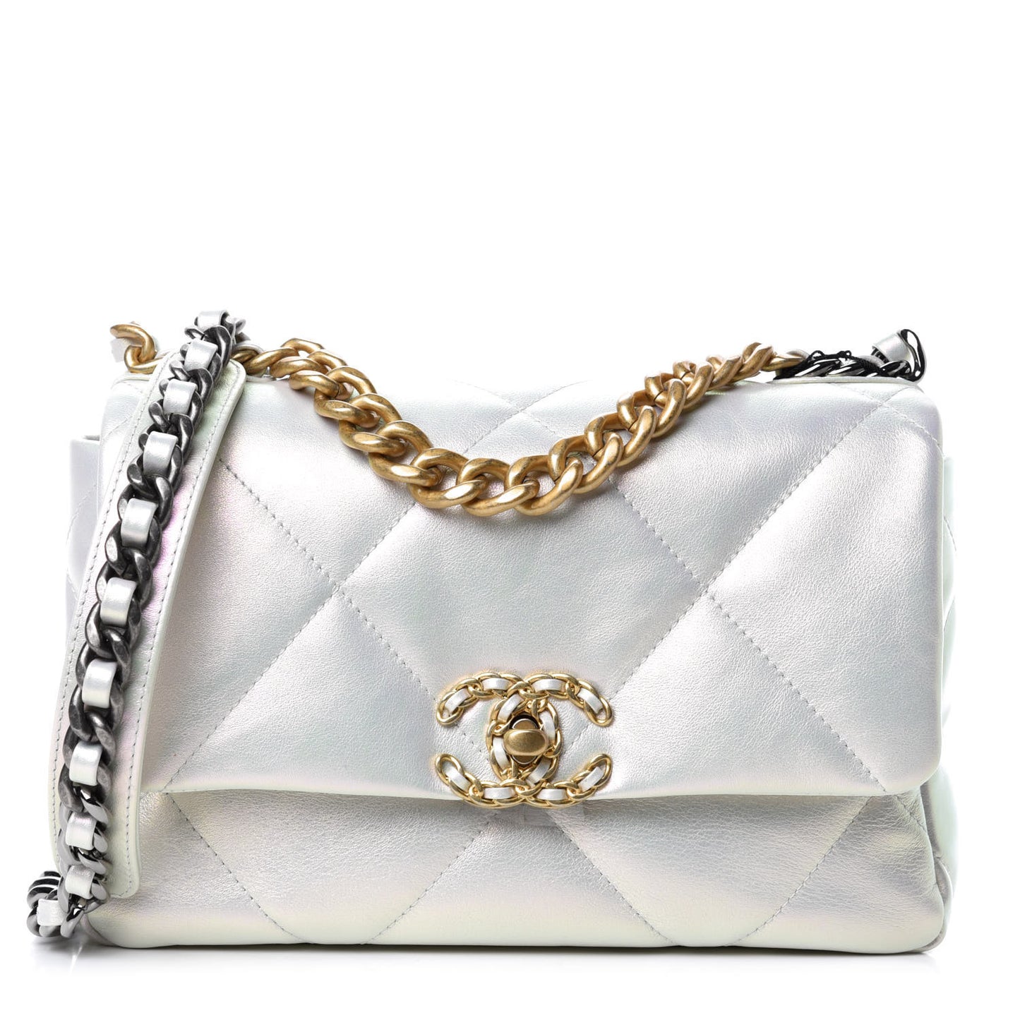 Iridescent Calfskin Quilted Medium 19 Flap White