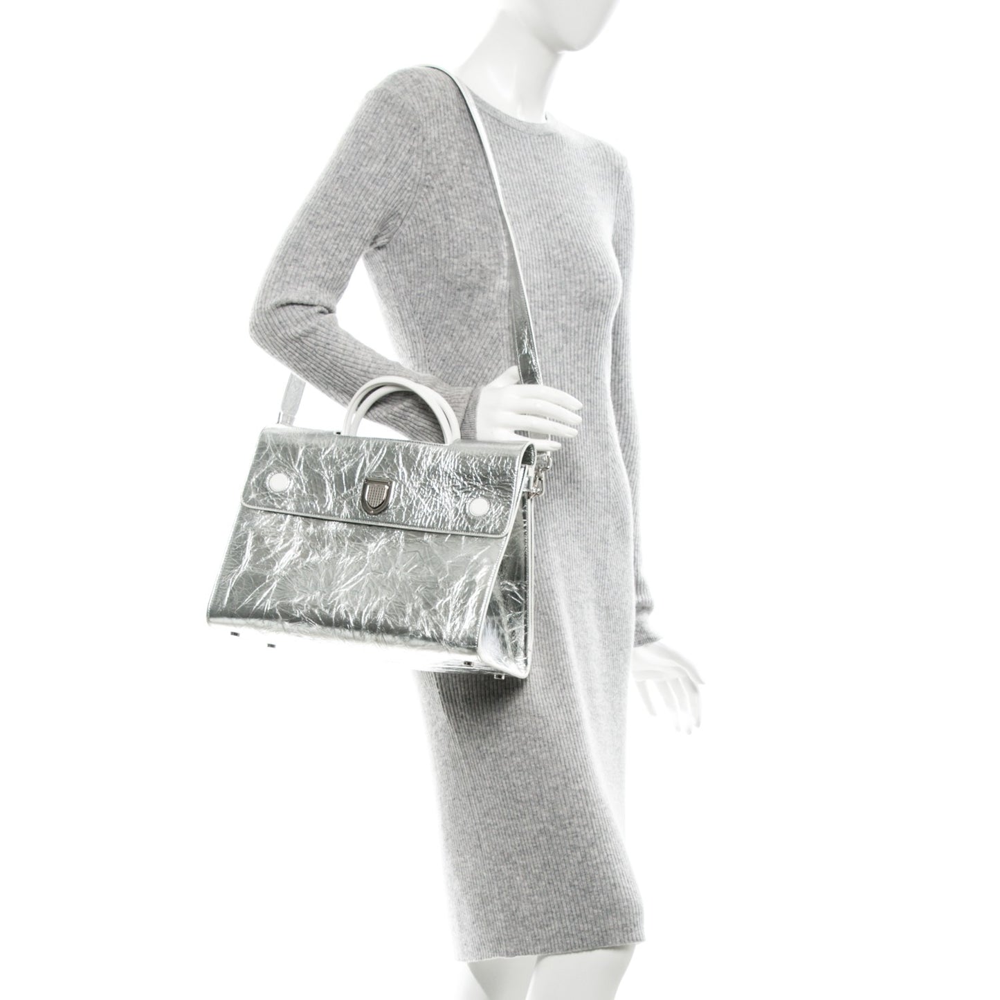 Metallic Calfskin Large Diorever Flap Silver