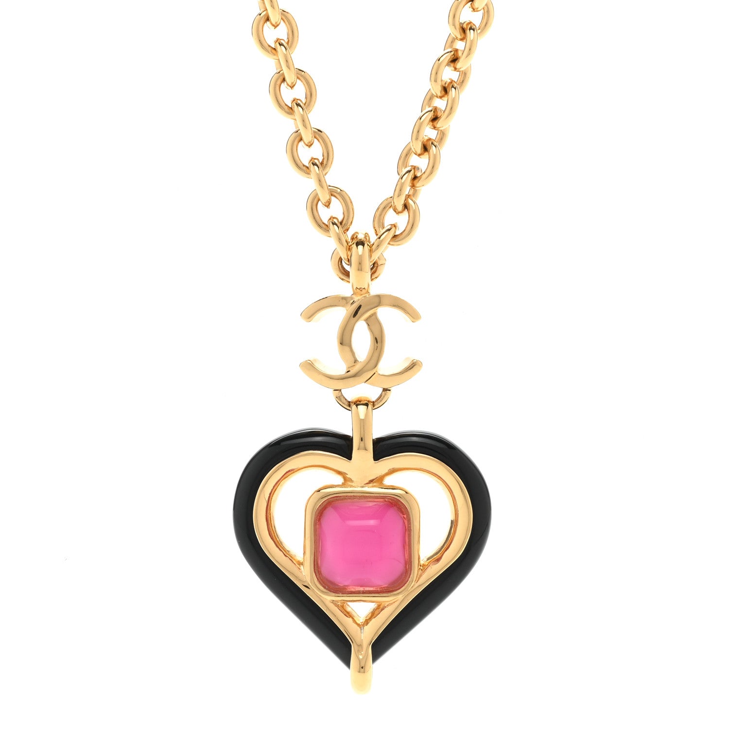 Chanel Resin Crystal Heart CC Pendant Necklace Gold Pink Black 4 of 6