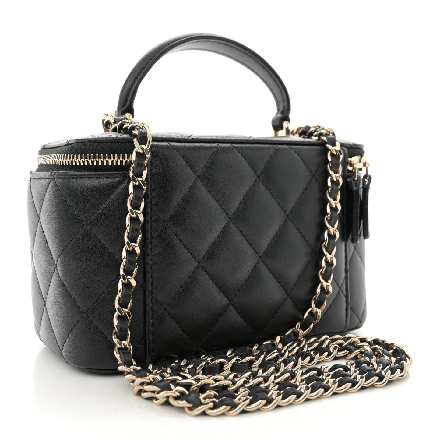 Lambskin Quilted Small Top Handle Vanity Case With Chain Black