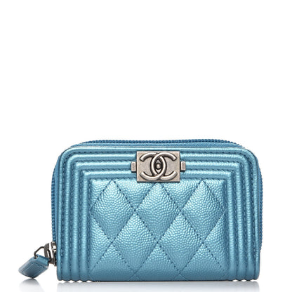 Chanel Metallic Caviar Quilted Boy Zip Around Coin Purse Wallet Turquoise 1 of 8
