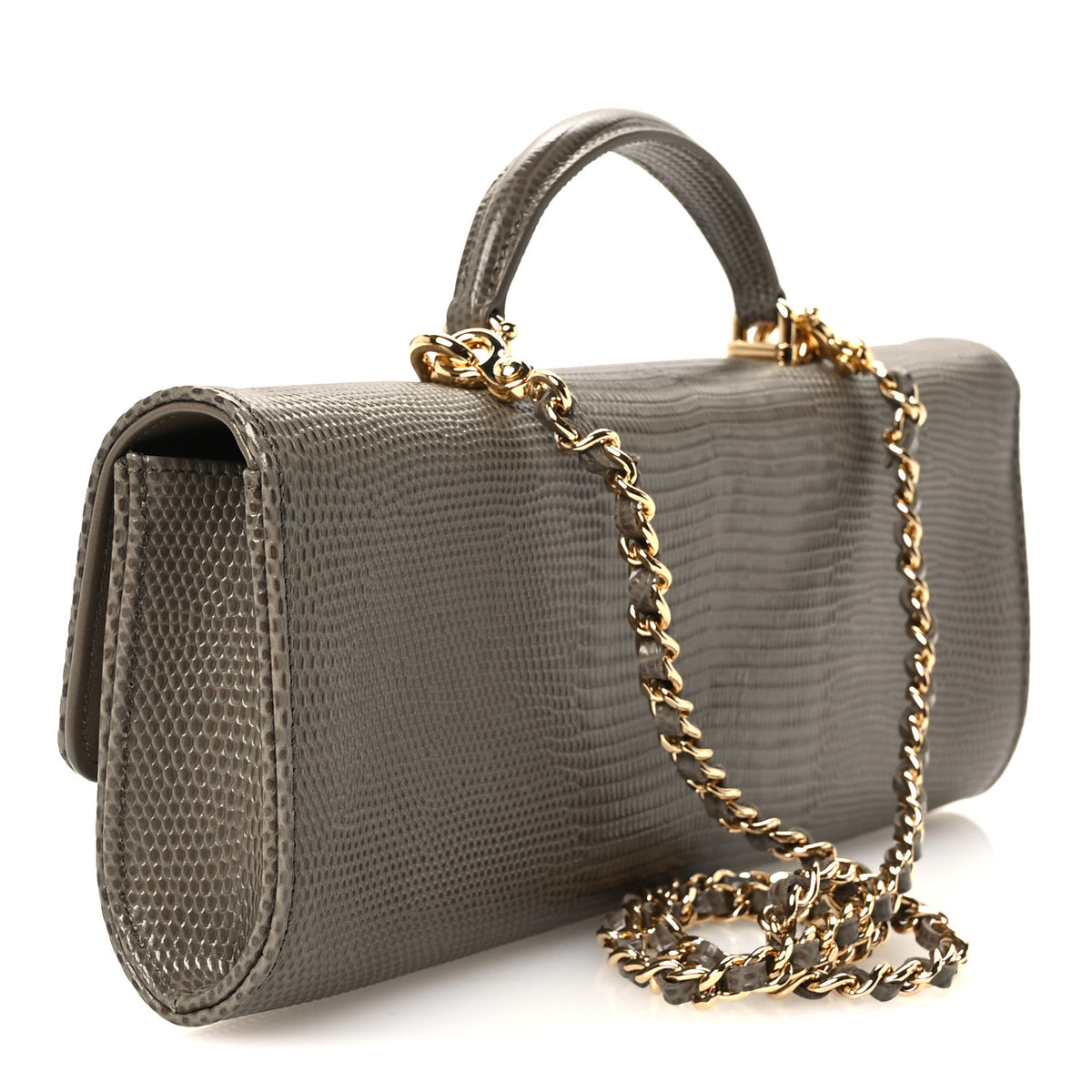 Calfskin Lizard Embossed Top Handle Long Clutch With Chain Dark Khaki
