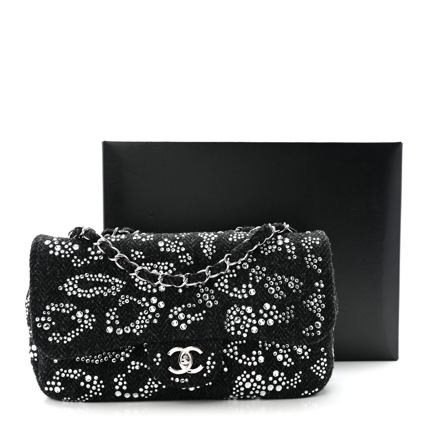 Tweed Swarovski Crystal Leopard Jumbo Flap  Black